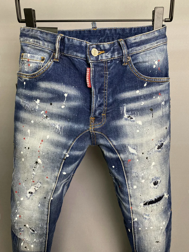 New Men's Dsquared2 Buttons Jeans Ripped For Male Skinny  Pants Men's Denim Trousers Top Quality Slim Jeans A507