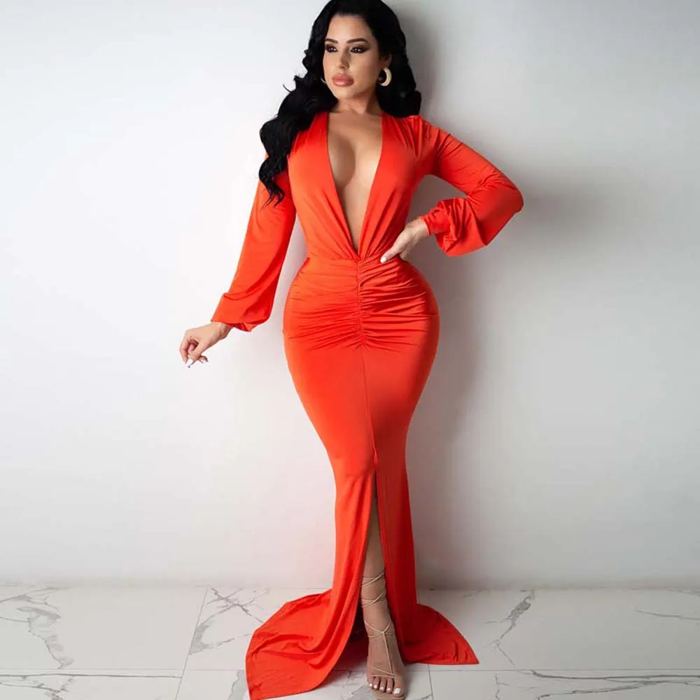 

Women's Dress V-neck Long-sleeved Sexy Solid Color Slit Mermaid Bodycon Autumn Spring New Fashion Long Sleeve Party Dresse