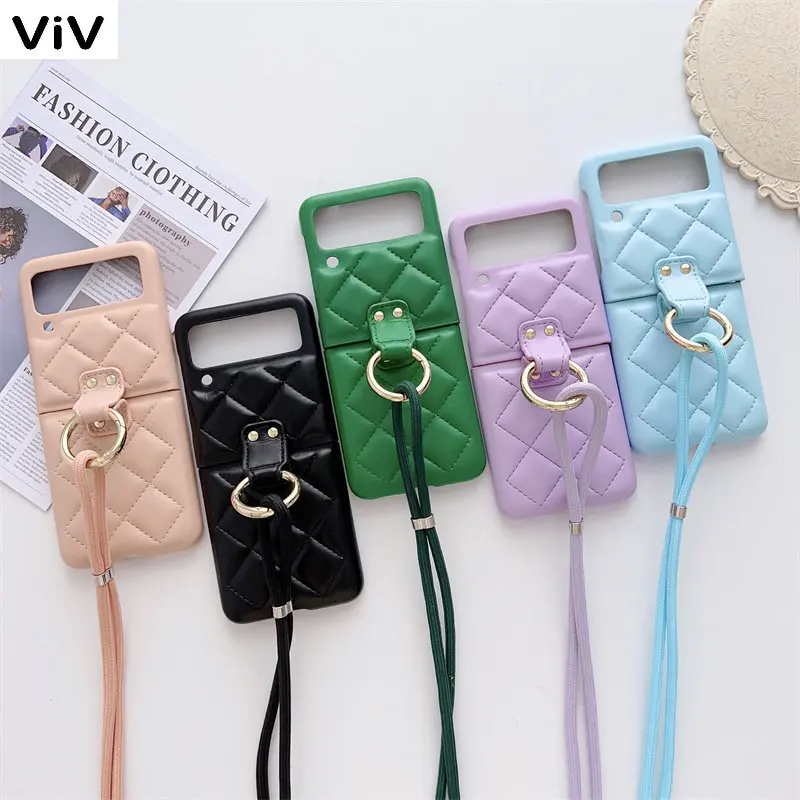 

Luxury Crossbody Lanyard Strap Phone Case For Samsung Galaxy Z Flip 4 3 Z Flip3 ZFlip4 5G Cute Finge Ring V-line Leather Cover