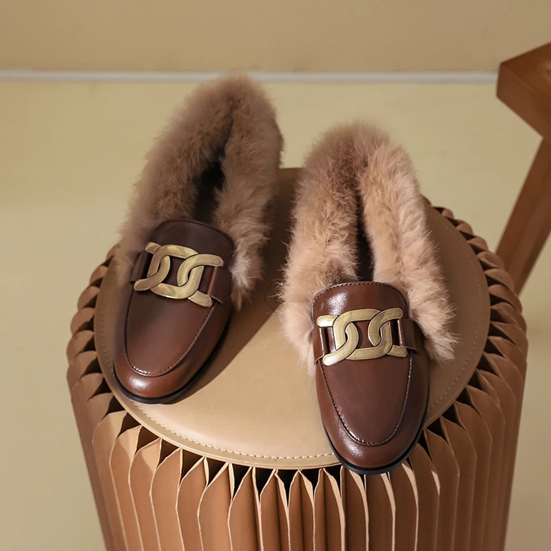 MythLuo Mules Shoes For Women Flat Loafers shoes Genuine Leather With Rabit Fur Round Toe With CHAIN Low Heels  Loafer Shoes