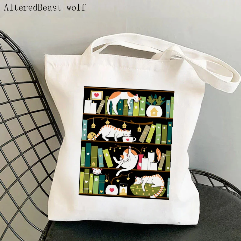

Women Shopper bag cats on the book Printed Kawaii Bag Harajuku Shopping Canvas Shopper Bag girl handbag Tote Shoulder Lady Bag