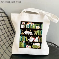 women shopper bag cats on the book printed kawaii bag harajuku shopping canvas shopper bag girl handbag tote shoulder lady bag