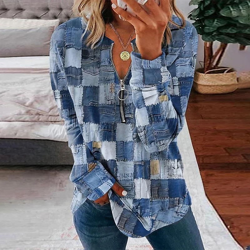 

Harajuku Long Sleeve Blusas Vintage New Geometric Stitching Print Tees Tops Women Casual Zipper V-Neck Imitation Denim T-Shirts