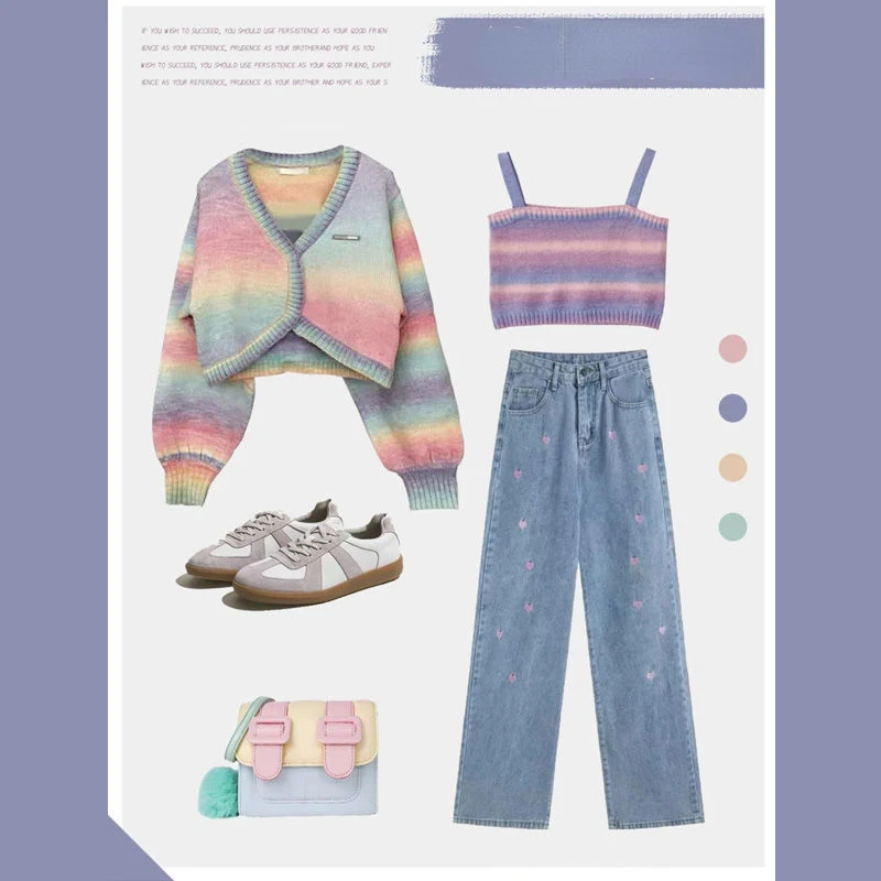 

2022 Spring Fashion Suit Women Preppy Student Korean Loose Sweater Cardigan Vest Jeans Three-piece Set Trend Streetwear E225