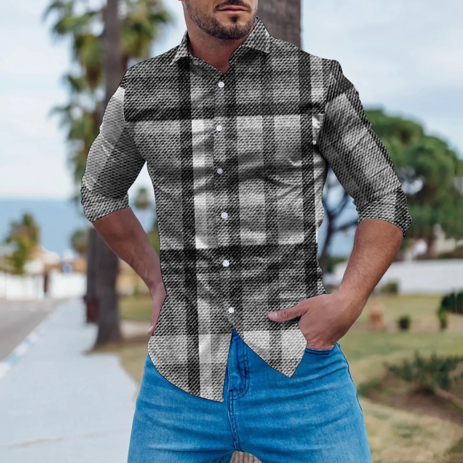 

Short Sleeve Summer Blouse Mens Fashion Casual Striped Color Block Splicing Lapel Button Cuffs Long Mens Polyester Spandex Shirt