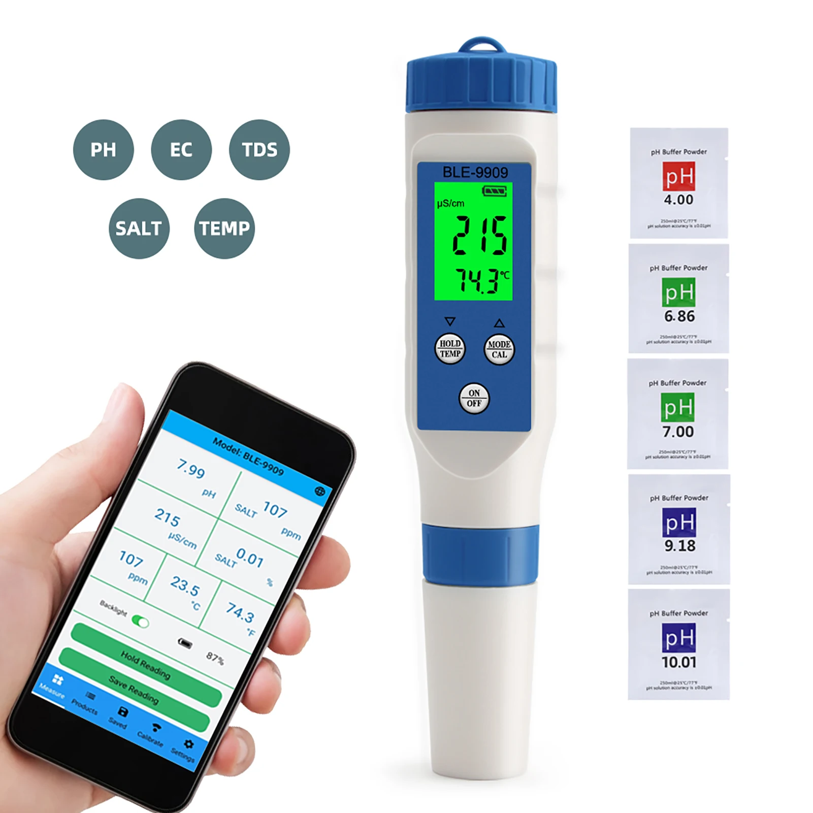 

Water Quality Tester 5 In 1 In Smart PH Meter PH TesterPH/TDS/EC/SALT/TEMP High Accuracy Small In Size On Neck Transfer Data To