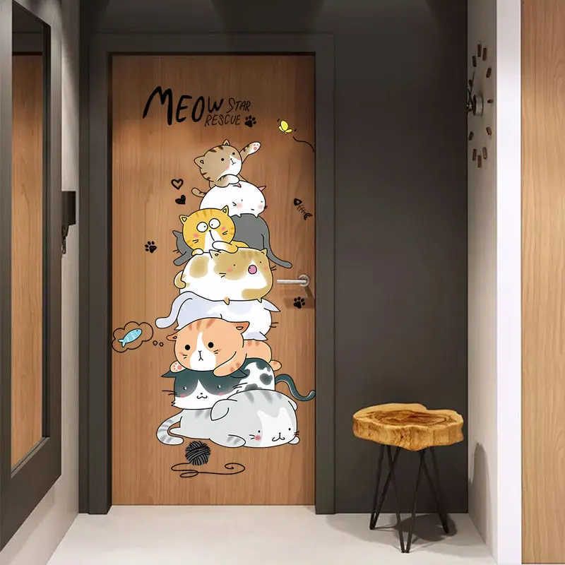 

Cute cartoon door stickers self-adhesive cartoon cat wall stickers warm bedroom room door home decorations