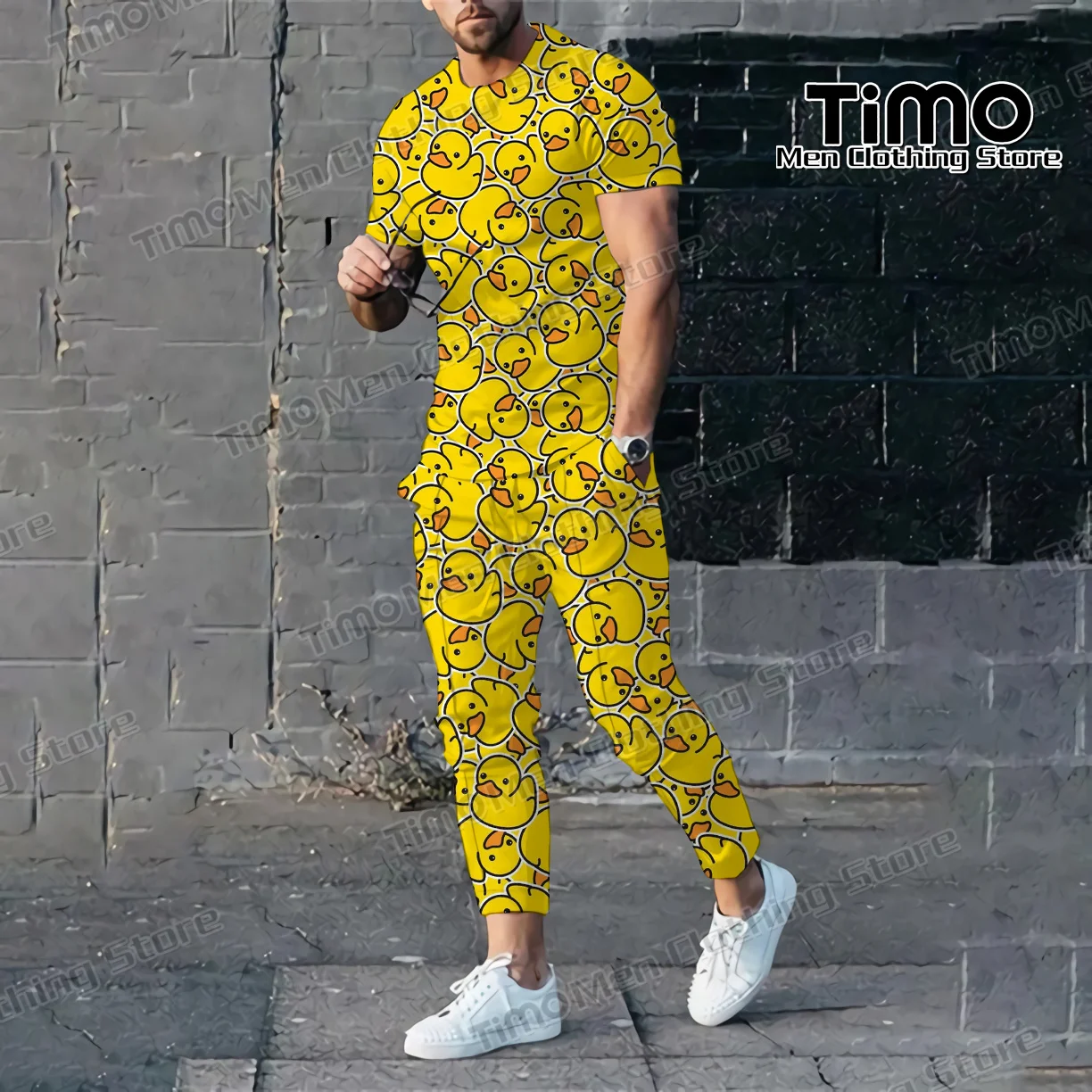 

Fashion Men's Tracksuit Set Little Yellow Duck 3D Printed Short Sleeve T-shirt+Trousers Suit 2 Piece Casual Men's Street Clothes
