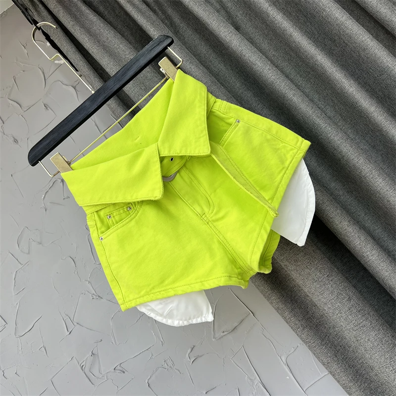 Fashion Cuffed High Waisted Shorts Wide Leg A-line Shorts Fluorescent Green Short Pants Women Pantalones Cortos De Mujer