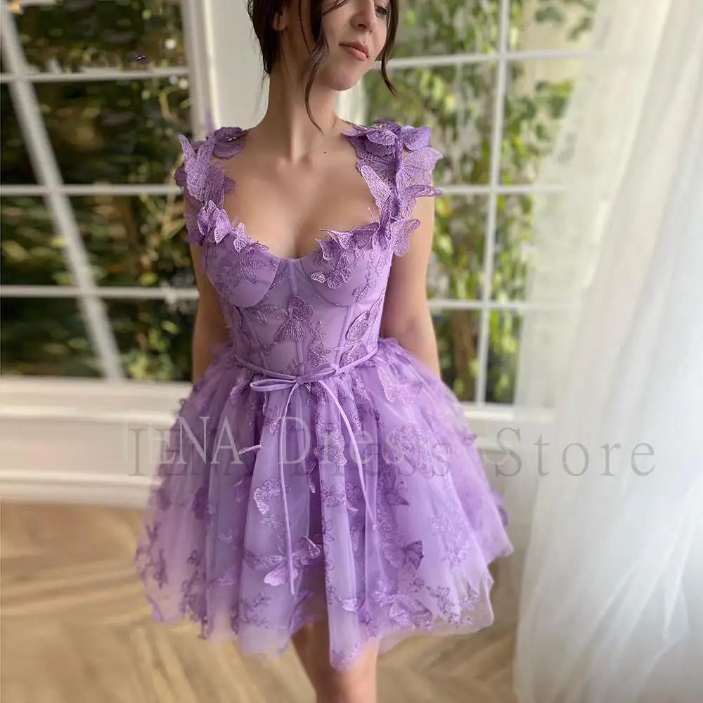 

14771#IENA Lavender Butterfly Lace Mini Prom Dress Sweetheart Sleeveless Above Knee A-Line Homecoming Dresses Short Party Gowns