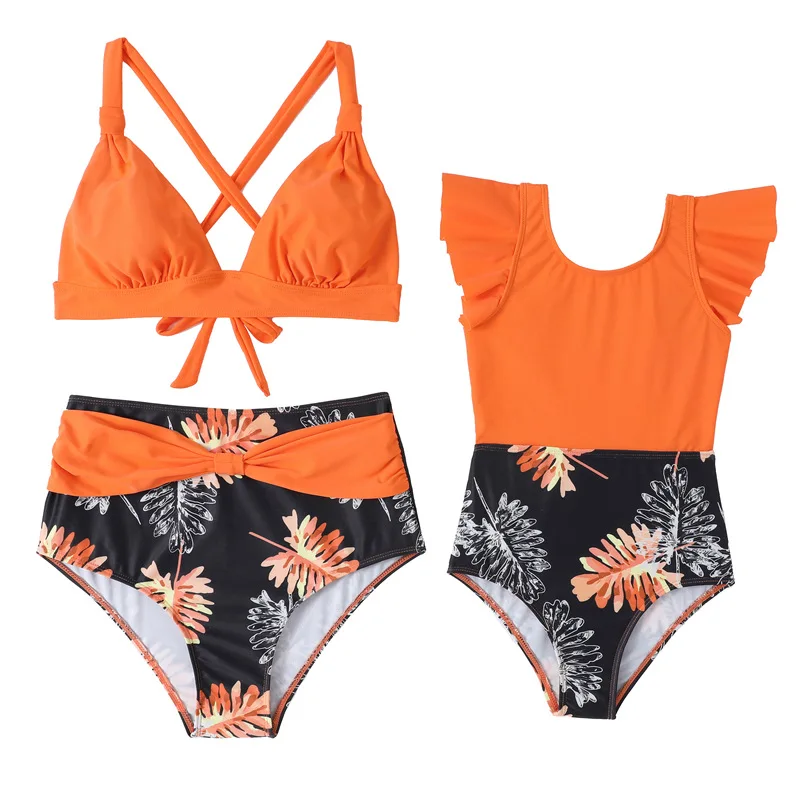 

New 2-piece Set Backless Style Parent-child Swimsuit Quick Drying Beach Pants Swimsuit Printed Color Blocking Swimsuit