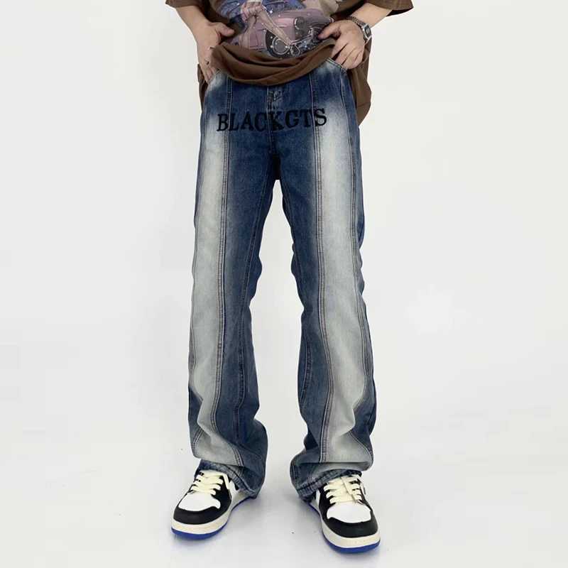 

Washed Retro Wide Leg Letter Embroidery Patchwork Jeans Pants for Men Straight Hip Hop Harajuku Vibe Style Couple Denim Trousers