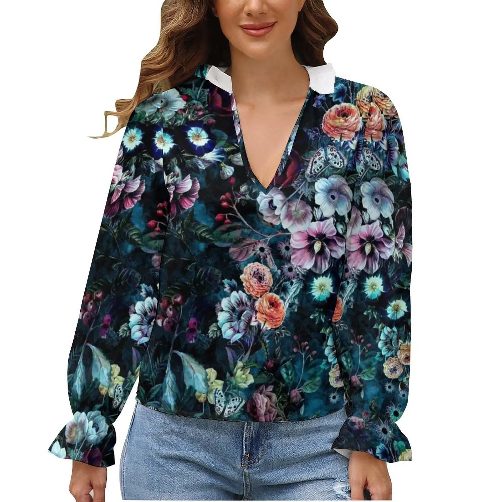 

Floral Blouse Flowers Puffy Gorgeous Large Size Lady Shirt V Neck Autumn Shirts