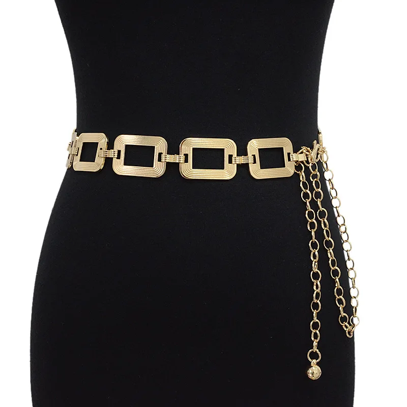 Fashion Lady Gold Square Buckle Metal Waist Chain Dress Coat Sweater Suit Decoration Belts for Women Luxury Designer Brand