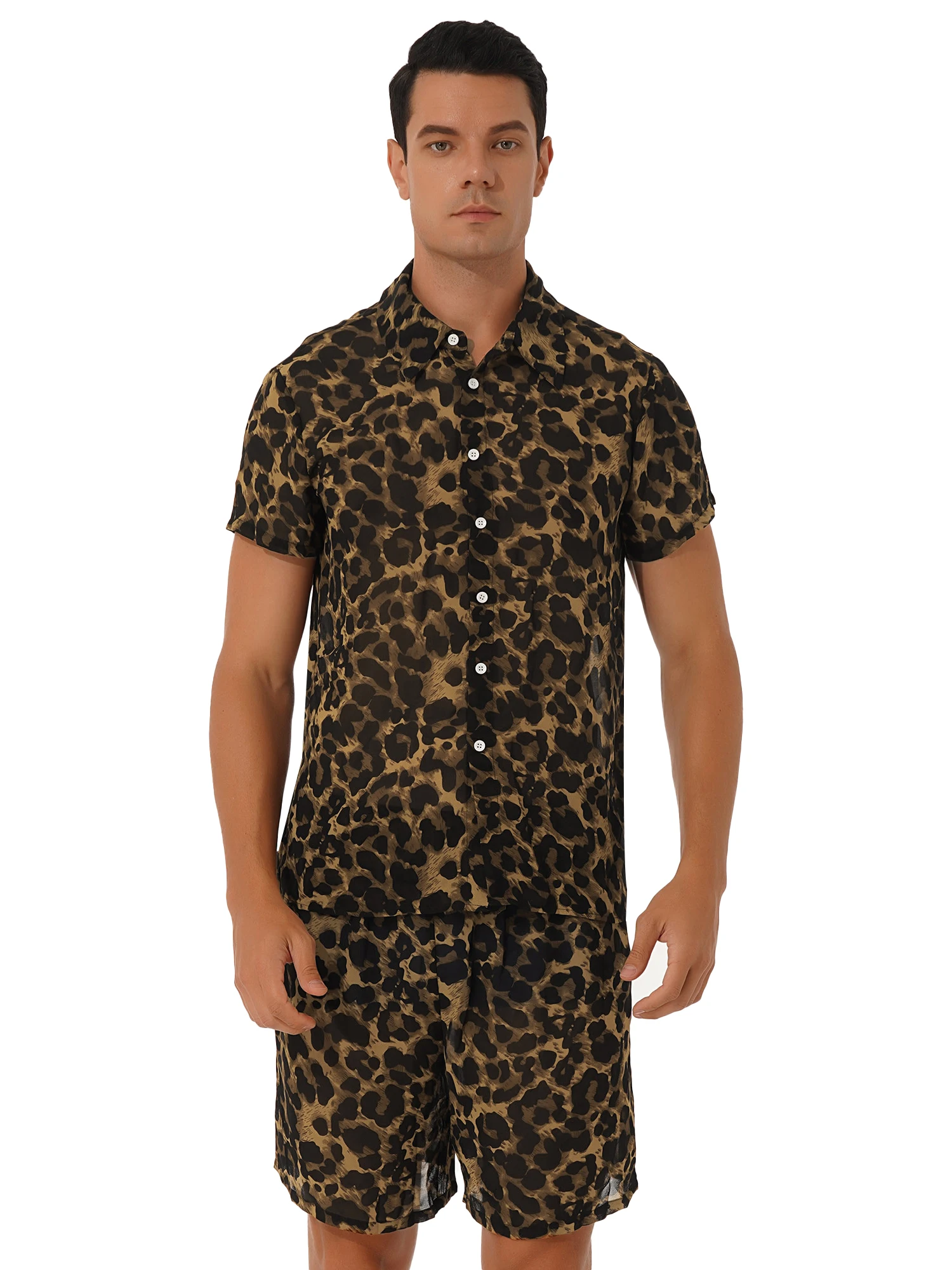 

Men See-through Underwear Sexy Leopard Print Summer Home Set Turn-down Collar Short Sleeve T Shirt with Shorts Club Sexy Outfit
