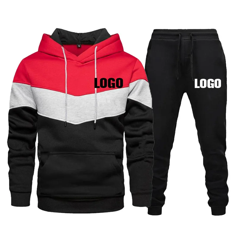 Custom LOGO Men's Sportswear Color Stitching Brand Hoodie + Pants 2 Pieces Set Spring Autumn Casual Jogging Suit Male Tracksuit