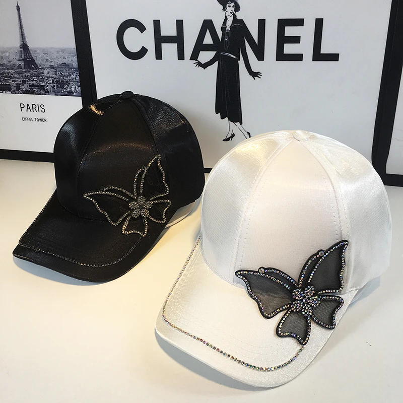 

Летняя модная бейсболка, Женская Повседневная Кепка с козырьком, уличная съемка, элегантная брендовая шляпа Стразы с бабочкой от солнца