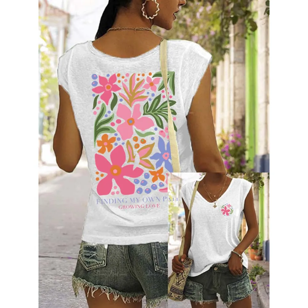 

Rheaclots Women's Finding My Own Path Flowers Printed Casual V-Neck Tank Top