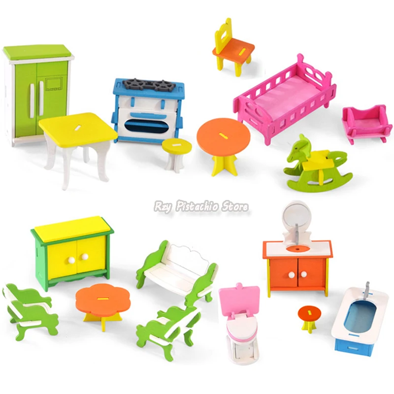 

DIY Dollhouse Miniature Wooden Creative Bathroom Bedroom Living Room Kitchen for Kids Simulation Furniture Model Set Decor Toys