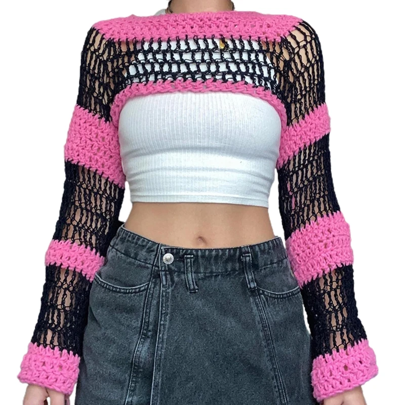 

Sweet Patchwork Knit Shrugs Sweater for Women Long Sleeves Crochet Cropped Tops Contrast Color Smock Sweater Cover Ups L21E