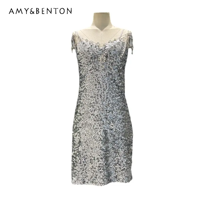 

Fashionable Slim-Fit Sheath Sequins Dress V-neck Brace Rhinestone Pearl Shawl Two-Piece Set Sling Long Dresses Women's Clothing