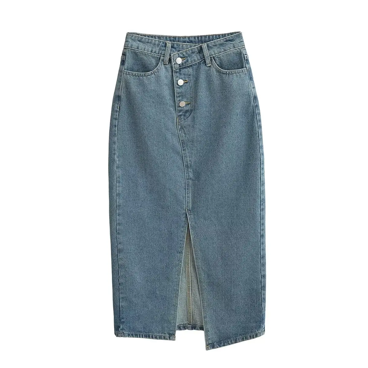

Women 2023 New Fashion Summer Retro Split Jean Midi Skirt Vintage High Waist Zipper Button Female Skirts Mujer