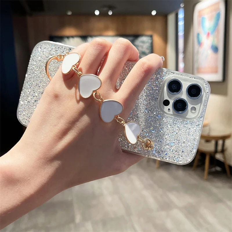 Luxury Soft Love Heart Bracelet Phone Case For Xiaomi Redmi Note 11 11S 10 10S 10A 9 9A 9C 10C 9T POCO X3 X4 F4 Back Chain Cover