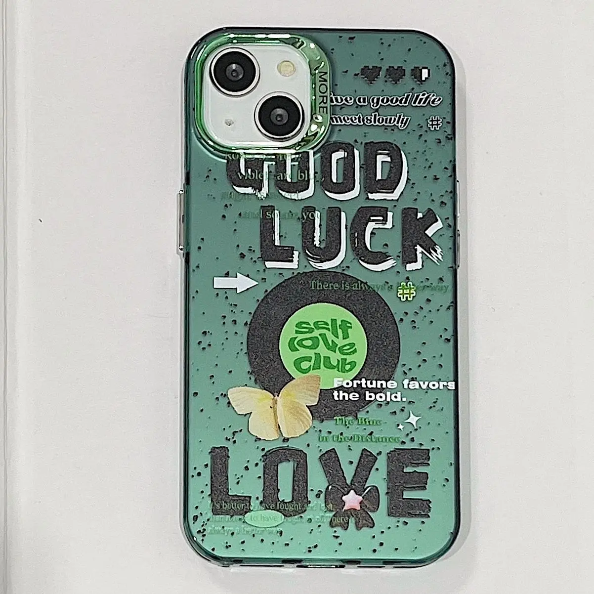 Electroplated INS Green Ink Dots Good Luck Vinyl Record Case for iPhone 14 13 Pro Max Plus Back Phone Cover for 12 11 Pro Capa