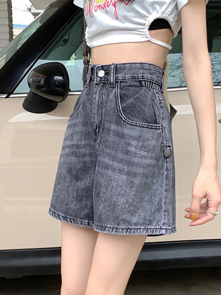 New Spring Summer Women High Waist Wide Leg Blue Denim Shorts Streetwear Female Loose Retro Jeans Shorts Bottoms