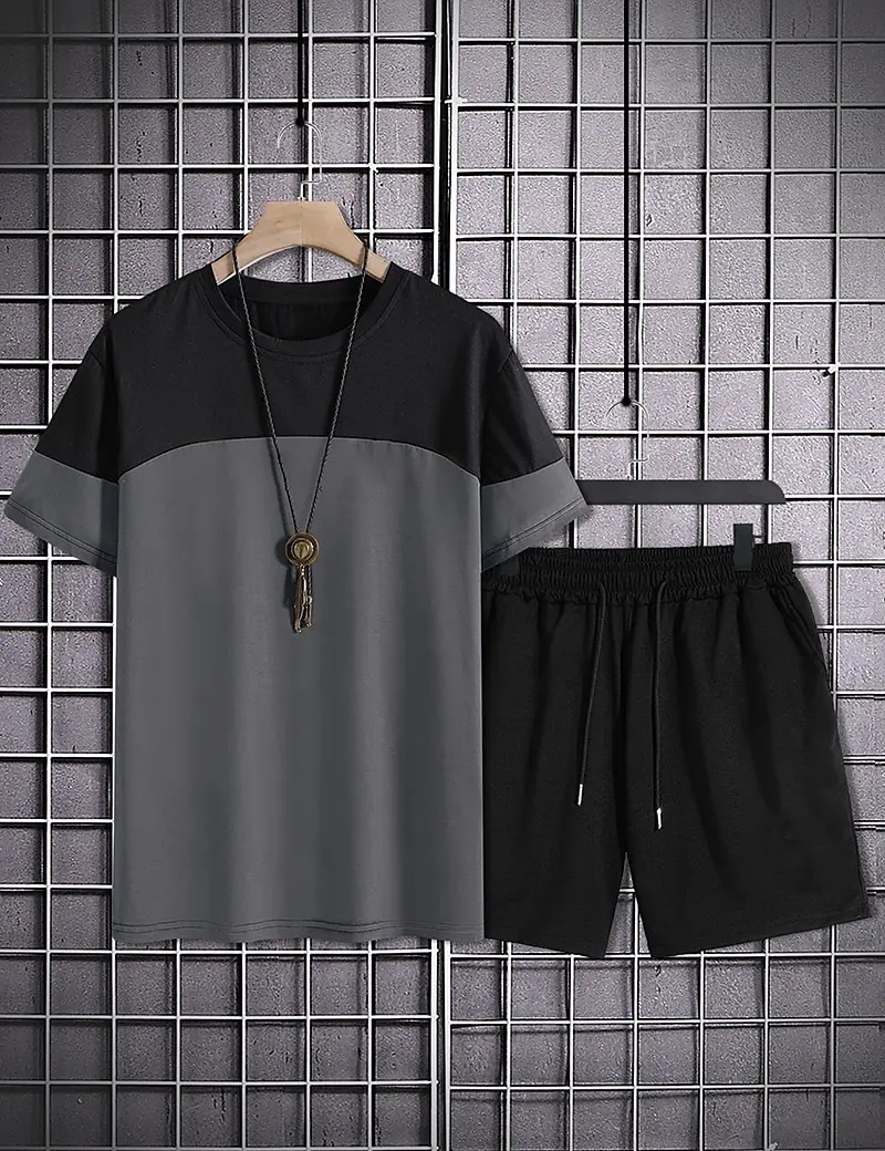 Mens Clothes 3D Printed T-shirt Suits  Hot Sales Fashion Round Neck Short Sleeves Ropa Solid Color Block Graphic Designer 2 Pcs