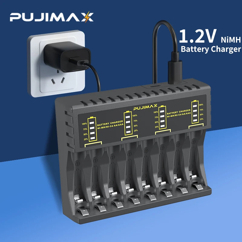 

PUJIMAX 8-Slot Quick Smart LED Display Charger Intelligent Battery Charger for 1.2V AA AAA Rechargeable Battery with Micro Cable