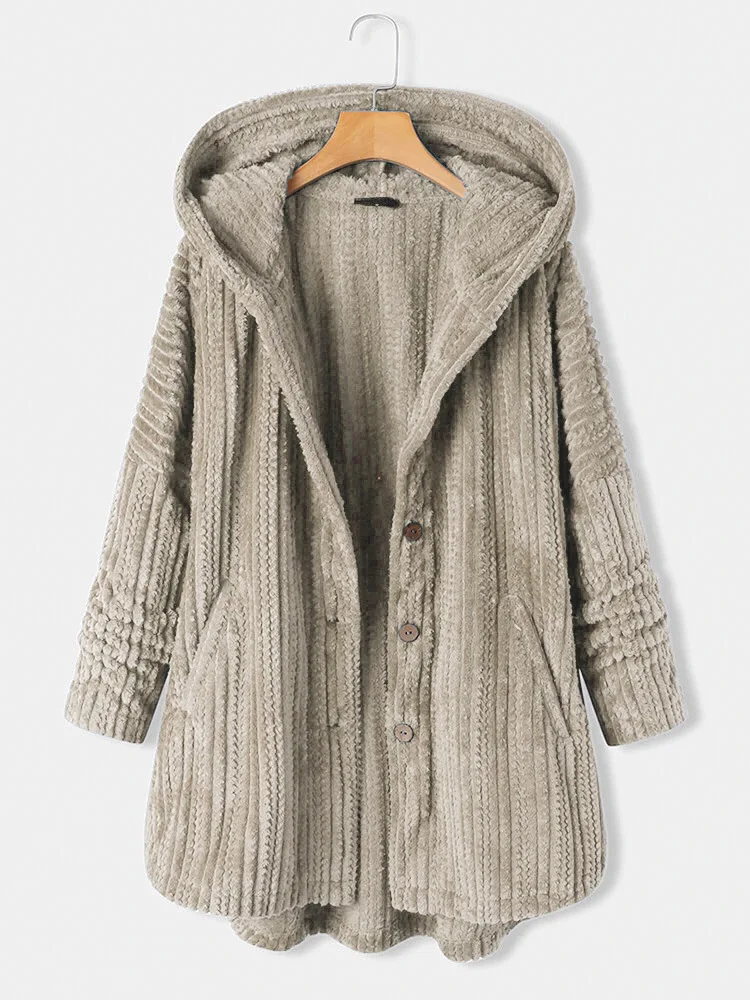 Autumn and Winter New Hooded Single-breasted Loose Casual Plush Temperament Long-sleeved Coat