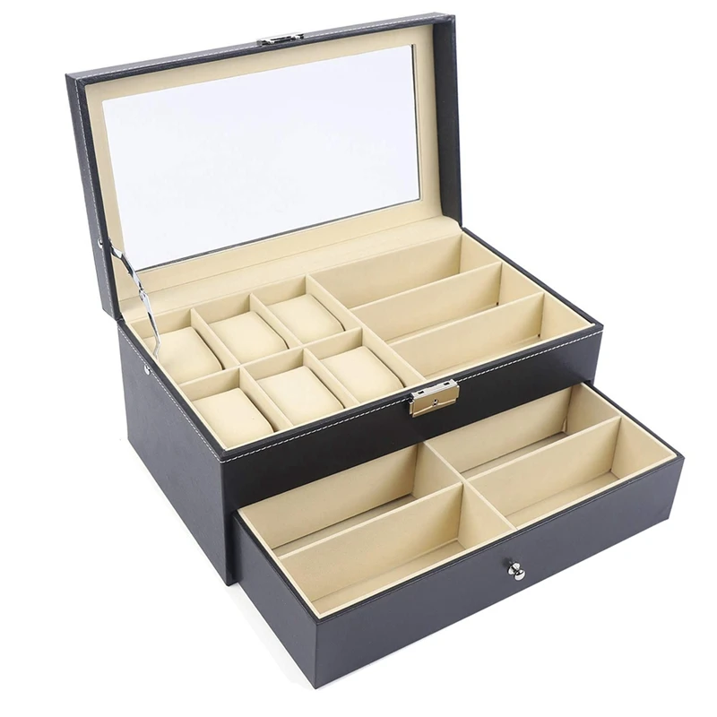 

15 Slot Pu Sunglasses And Watch Storage Case Glasses Display Drawer Case Double Layer With Glass Cover