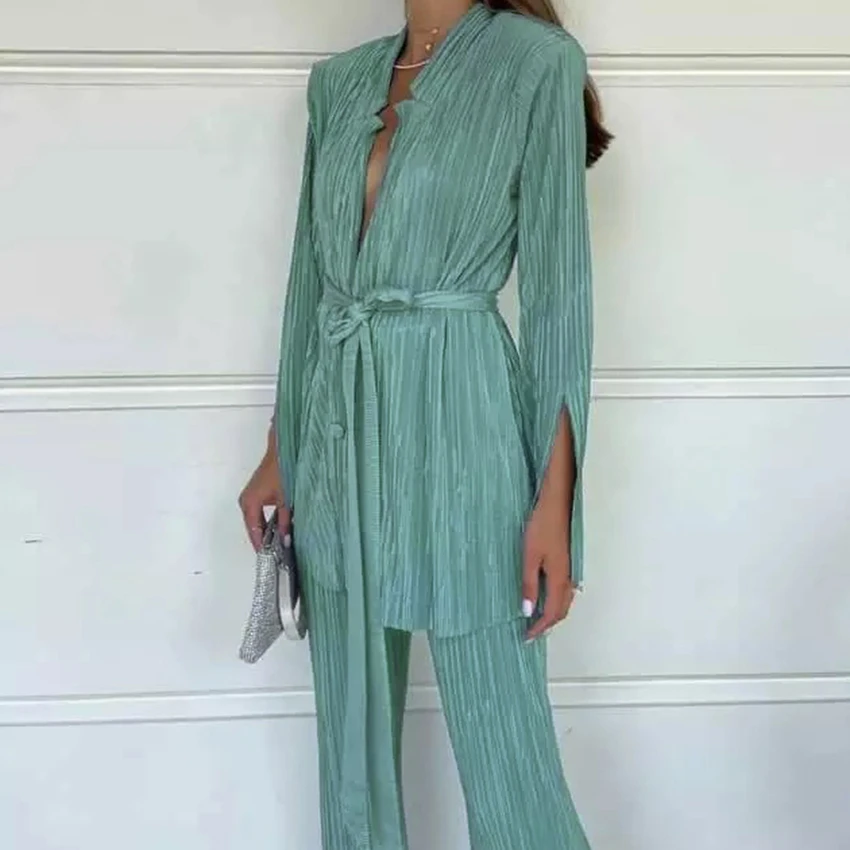 

Autumn Green Pleated Pants Set Bodycon Slit Trosuer Suits Fashion Lace-Up Long Sleeve Blazer 2 Piece Sets Womens Outfits