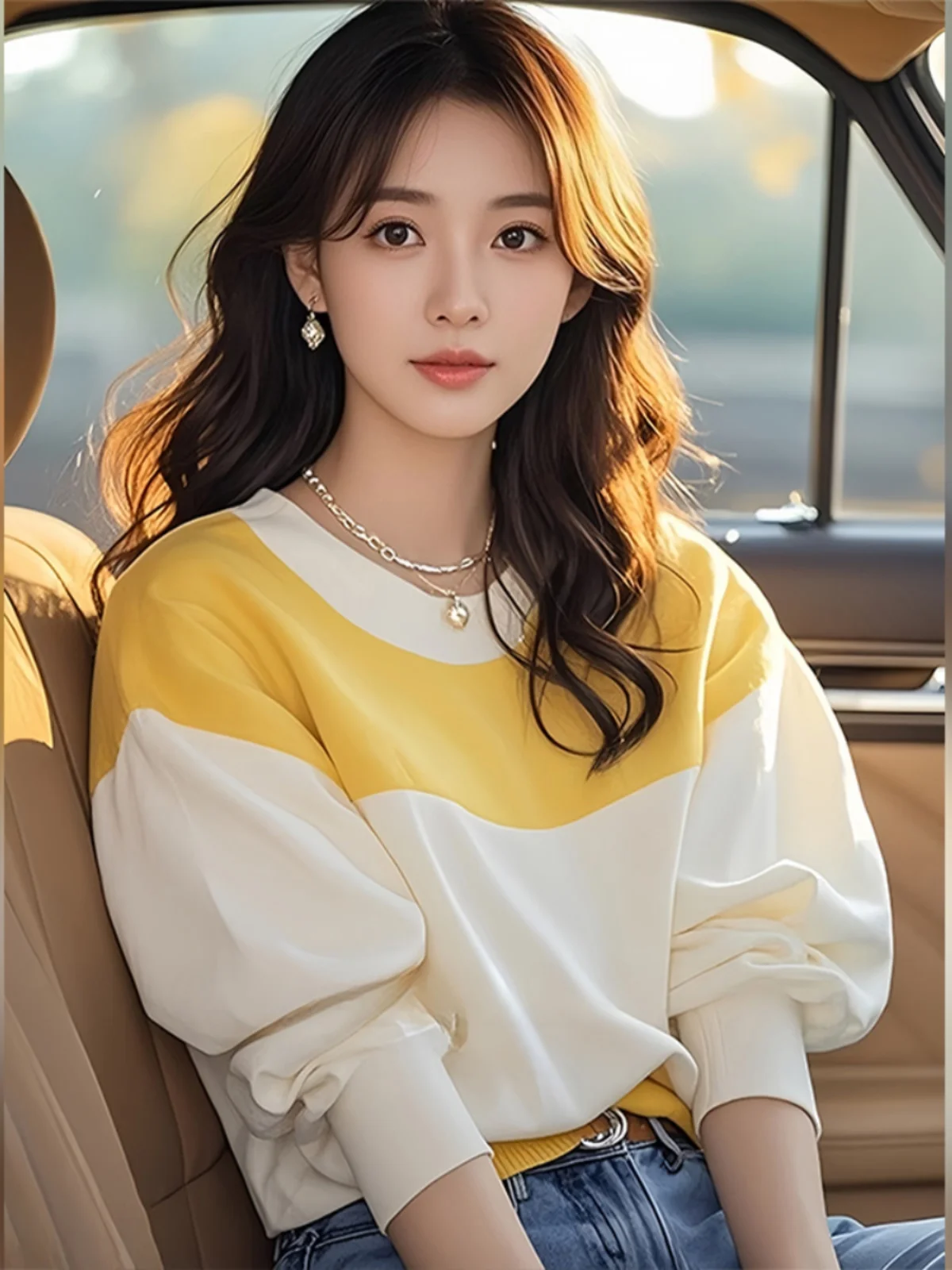 Желто-белая свободная рубашка контрастного цвета с длинными рукавами для женщин