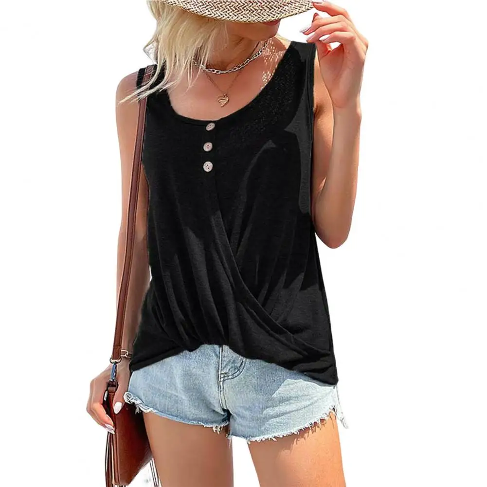 

Women Camisole Sleeveless Crew Neck Shrink Resistant Dress Up Crossover Button Round Neck Vest Tank Top Daily Clothing
