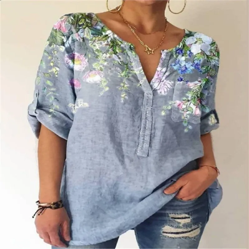 

Elegant V-Neck 3/4 Sleeve Printed Summer Women's Tops Loose Blusas Mujer De Moda 2023 Verano Elegantes Blouse Leisure S-3xl