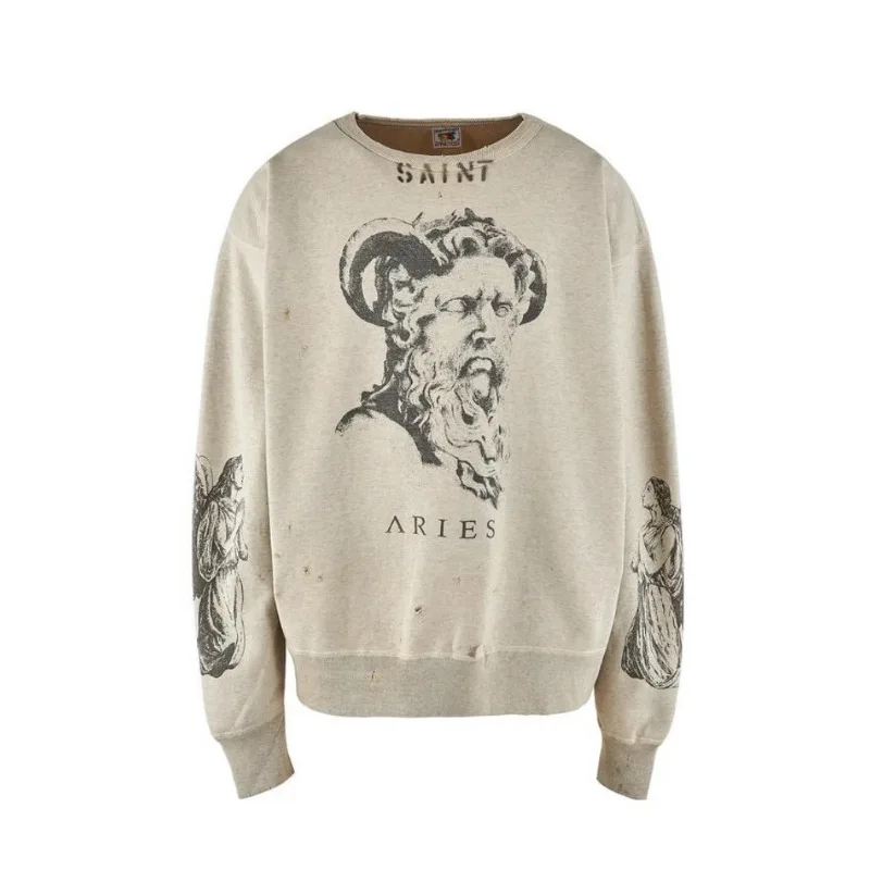 

Свитшот абрикосовый с принтом в стиле Святого Майкла для мужчин и женщин, худи с круглым вырезом и дырками, лучшее качество