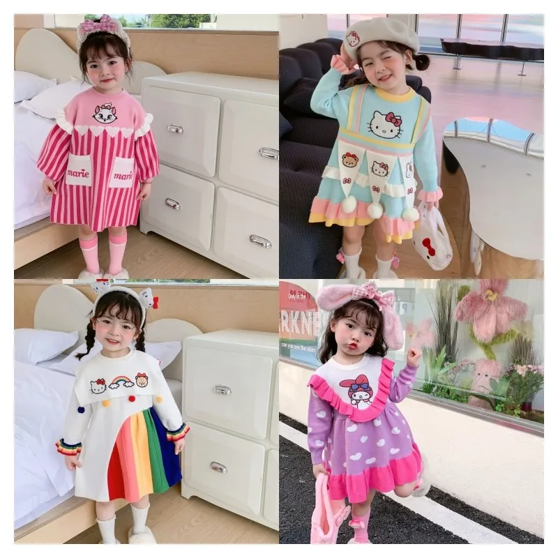 

Sanrios Anime My Melody Hellokittys CharmmyKitty Girls Autumn Winter Skirt Cartoon Children Long Sleeve Knitted Dress Kids Gift