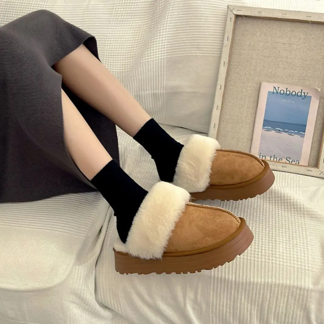 

Winter Thick Fur Warm Shoes Slippers Platform Heels Casual Cotton Occupy Home Slides Boots Plush Women Shoes