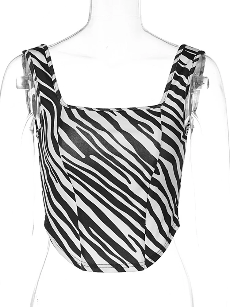 Top Women Zebra Print Crop Top Square Neck Tank Top Sexy Corset Summer Clothes Streetwear Asymmetrical Slim Sleeveless Vest images - 6