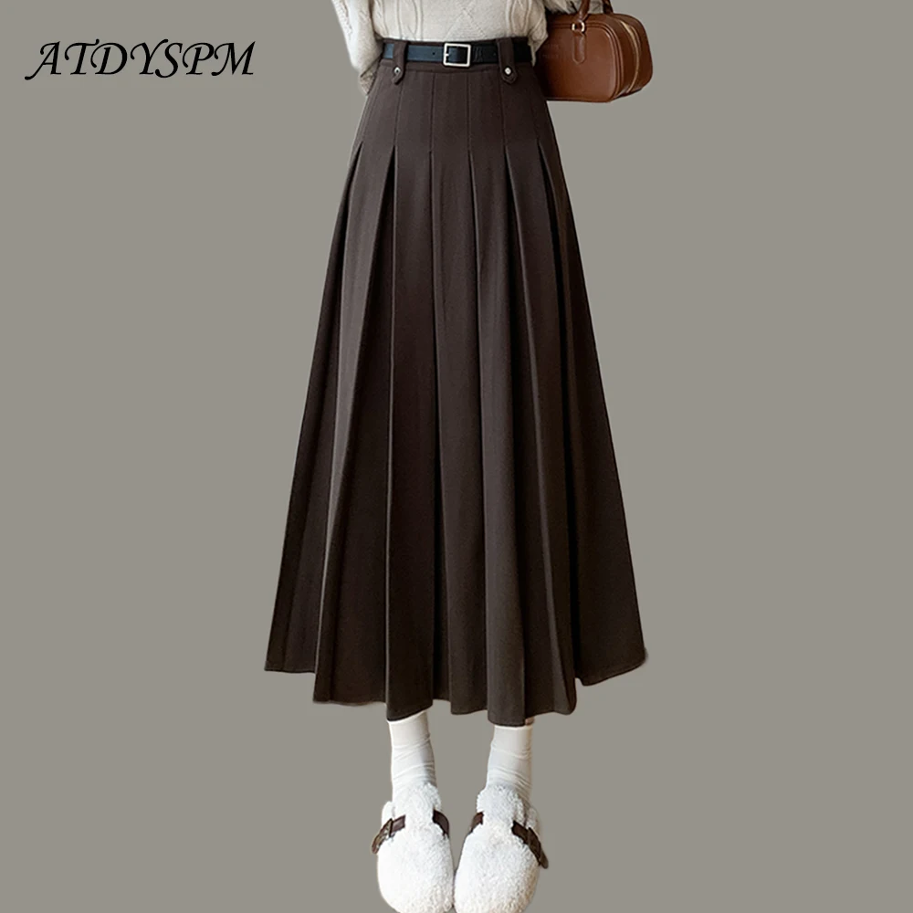 

Женская Повседневная шерстяная юбка, модная плиссированная длинная юбка с высокой талией и поясом, офисные свободные трапециевидные юбки, Осень-зима 2023