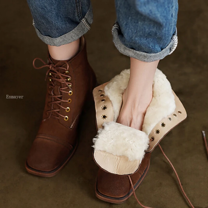 

ENMAYLA Autumn Winter Women Ankle Boots Thick Heeled Lace-Up Genuine Leather Shoes Woman Outdoor Casual Neutral Motorcycle Boots
