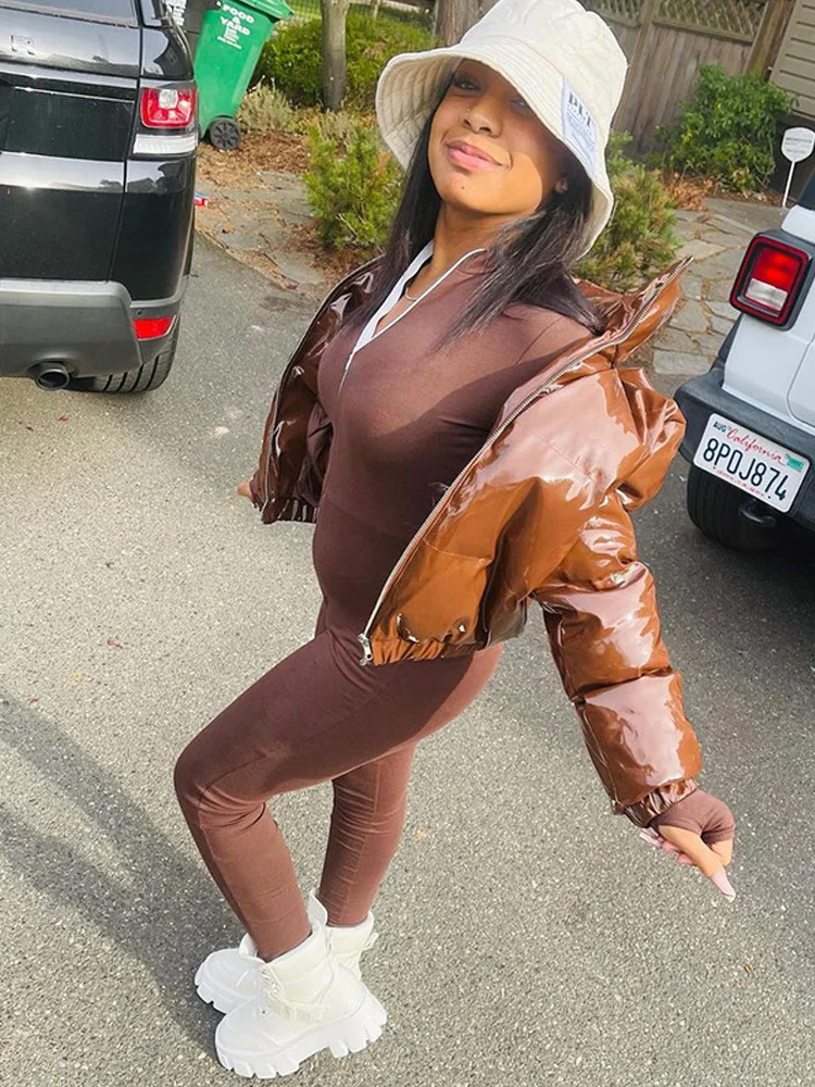 Autumn Soild Leather Zipper Short Cotton Winter Clothes Women Fashion Long Sleeve Parkas Casual Stand-Up Collar Streetwear Coat