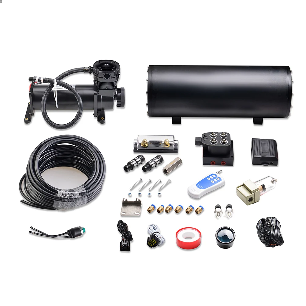 Universal Air Ride Suspension System Kit with Air Tank ,Air Compressor,Dual Air Pressure Gauge One Click Down Rmote Kit