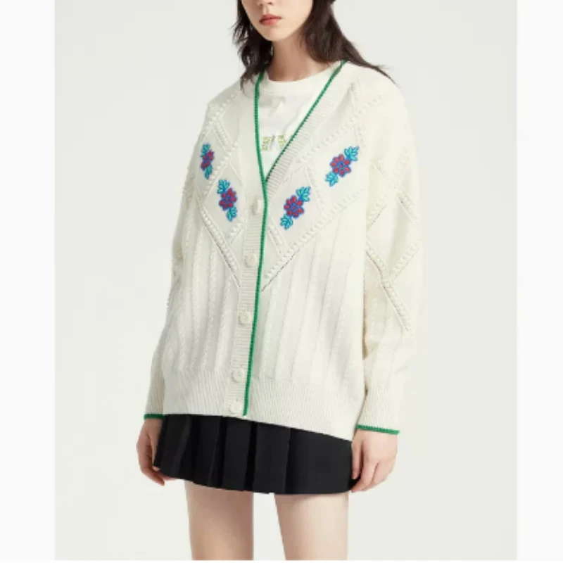 Women Flower Embroidery V-neck Sweater Coat Single Breasted Ladies Simple Fashion Loose Sleeve Knitted Cardigan 2022 New