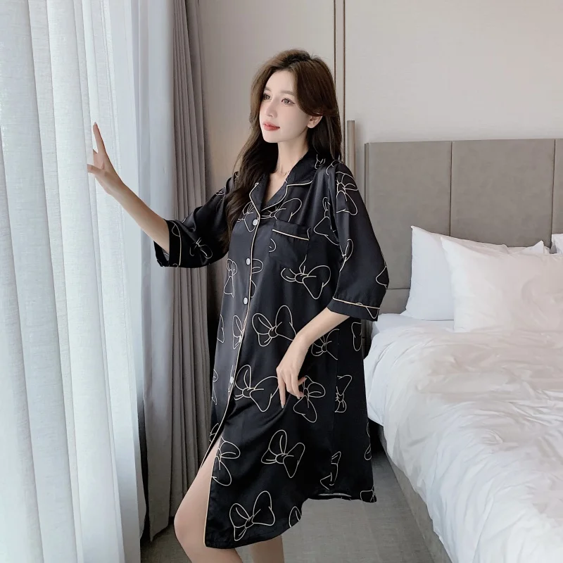 

Женская ночная рубашка на пуговицах, с коротким рукавом и бантом