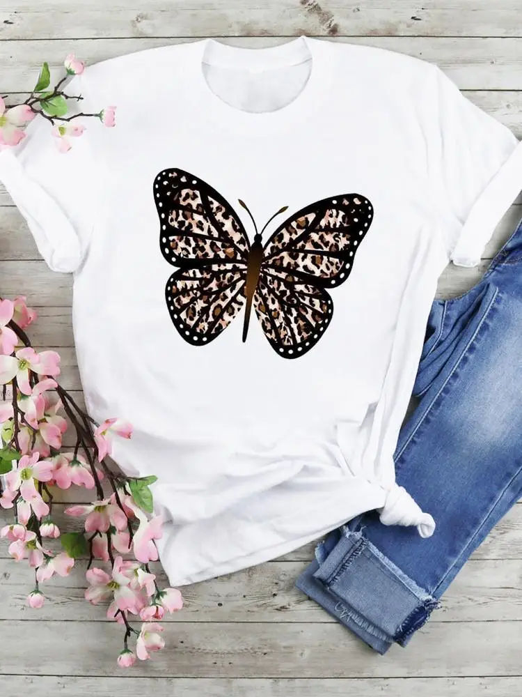 

Летние женские футболки с леопардовым принтом и бабочкой, женские модные футболки с мультяшным принтом, женская одежда с коротким рукавом, ...