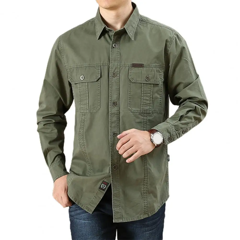 

Cotton Men's Shirt Solid Color Multi-Pocket High Quality Cargo Shirts Fashion Outdoor Casual Long Sleeve Shirts For Men New