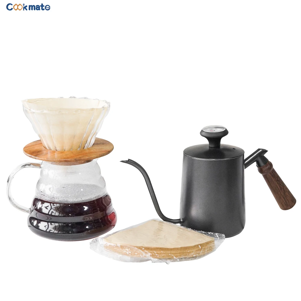 Coffee Maker Set With Glass Sharing Pot 600ML Steel Coffee Kettle 40pcs Coffee Filter Paper Packing Bag Gift for Friend